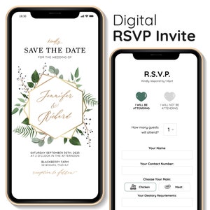 Salvataggio digitale della data e RSVP online Mini sito web per matrimoni Invito elettronico minimalista per dispositivi mobili Invito al pasto e scelta di opzioni personalizzate per gli ospiti