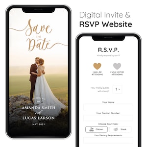 Digital Save the Date Antwort auf Hochzeitswebsite - Foto Elegante Schriftart Gold Online Personalisierte elektronische Mobile laden Menüauswahloptionen ein