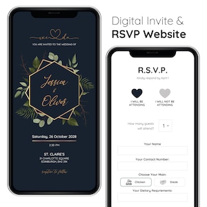 Inviti di nozze RSVP digitale online Mini sito Web Invito elettronico mobile personalizzato Modulo RSVP geometrico con foglia verde e oro
