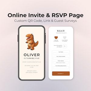 May include: A mobile phone screen displays a birthday invitation with a cartoon dinosaur. The invitation includes the text "OLIVER IS TURNING FIVE" and event details. A second screen shows an RSVP form.