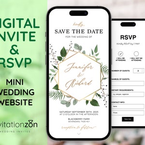 Inviti di nozze RSVP digitale online Mini sito Web Invito elettronico mobile personalizzato Modulo RSVP geometrico con foglia verde e oro