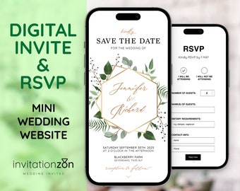 Wedding Invites Digital RSVP Online Mini Website Personalized Mobile E-Invitation Greenery Leaf Geometric Gold RSVP Form