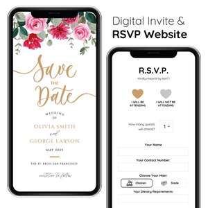 Minisitio web de boda RSVP para guardar la fecha digital: Flores rosadas, rojas, doradas, Invitación electrónica móvil personalizada en línea, Opciones de elección del menú