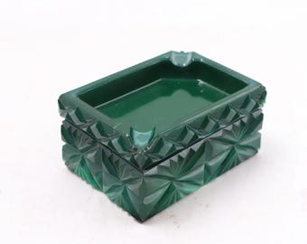 Art Deco Malachite Glass Ashtray and Cigarette Box, 1930s Czech Bohemian Art