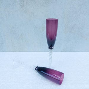 Set of 2 Vintage Purple Handmade Twist Stem Champagne Flutes - Italy 80&#39;s