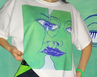 Abstract Faces Graphic Tee | Festival Outfit Green Oversized Tshirt | Fairycore Grunge Trippy Artwork 90s Streetwear Shirt | Mikiko Clothing