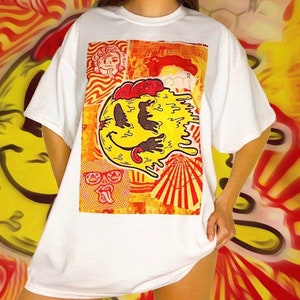 Smiley Face Festival Graphic Tee | Trippy Festival Acid 90s Nostalgia Oversized Tshirt | Yellow y2k 80s Poster Baggy Heavy Cotton Streetwear