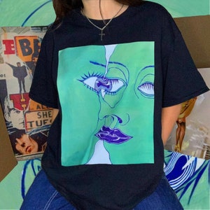 T-shirt graphique de visages abstraits | Trippy Festival Outfit T-shirt vintage vert Streetwear | Top Rave psychédélique en coton lourd noir unisexe populaire