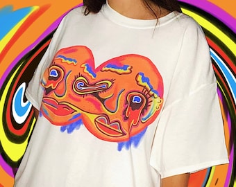 Melting Faces Trippy Graphic T Shirt | Orange Psychedelic Festival Tee Indie Vintage Rave Outfit Alt Skater Surfer White Heavy Cotton Top
