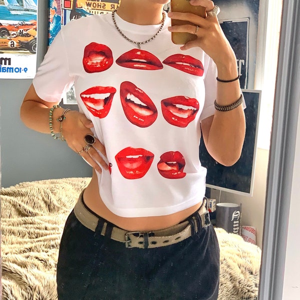 Y2k Lips Crop Top Graphic Print | Handprinted Graphic Tee Grunge Punk Abstract Mouth Baby Tee | White Rave T Shirt Cropped Festival Trippy