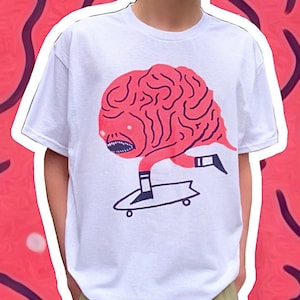 Brain Board Graphic T Shirt | Abstract Psychedelic Skater Surfer Heavy Cotton Tee Festival Rave Skateboarding Y2k Humorous Joke Funny Top
