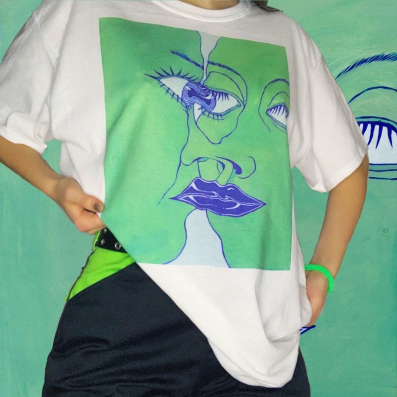 Abstract Faces Graphic Tee | Festival Outfit Green Oversized Tshirt | Fairycore Grunge Trippy Artwork 90s Streetwear Shirt | Mikiko Clothing 