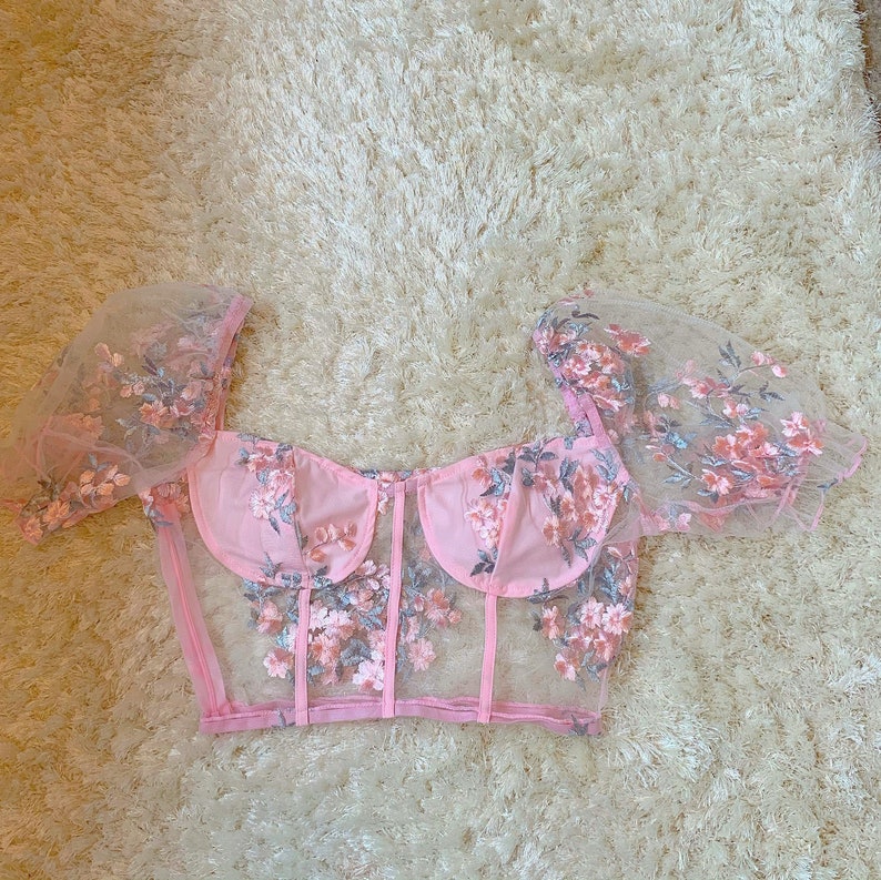 Pink Embroidered Floral Mesh Corset Crop Top baby pink green Etsy