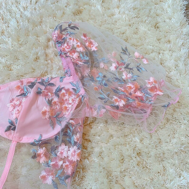 Pink Embroidered Floral Mesh Corset Crop Top baby pink green Etsy