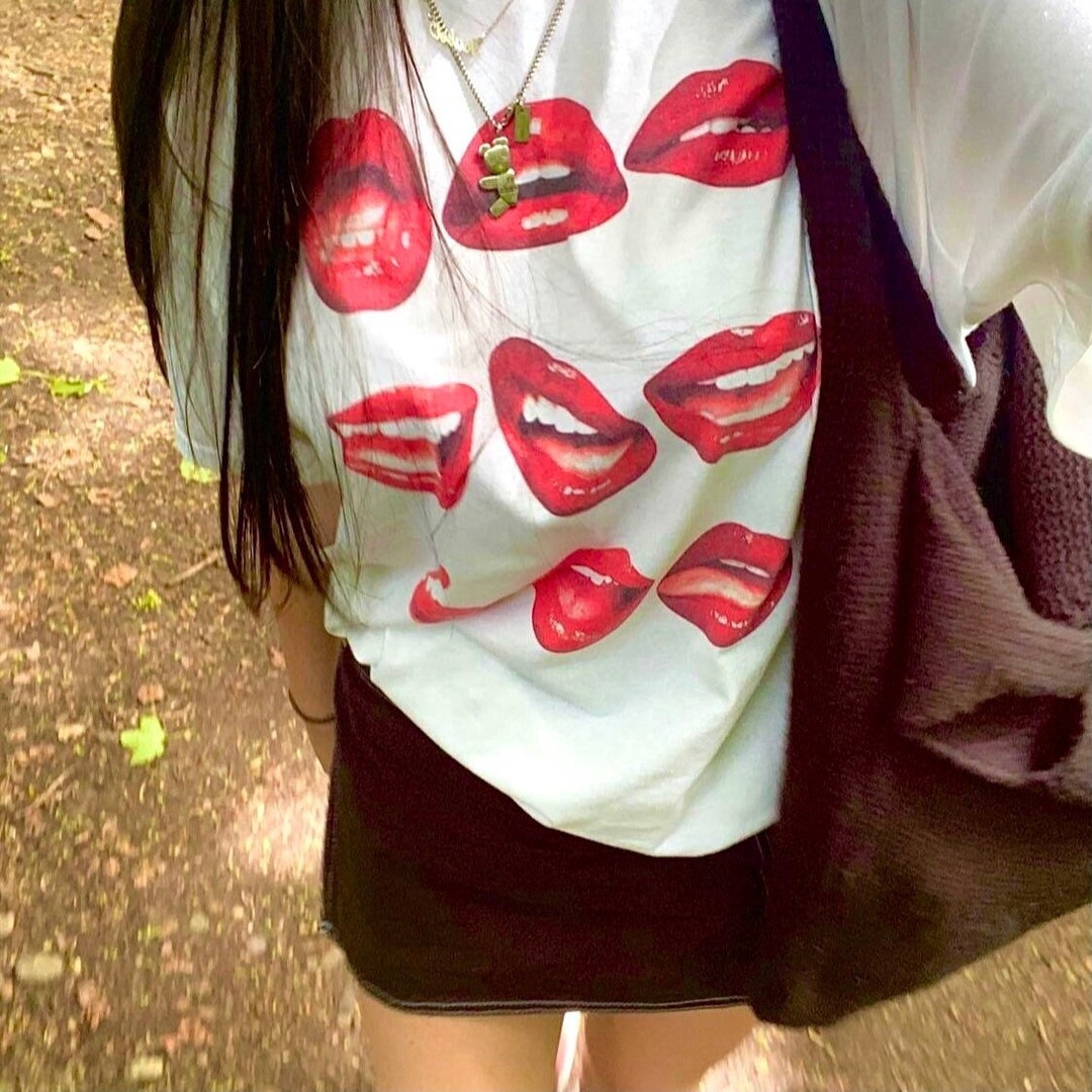 Lips Graphic Tee Handmade Grunge Kissing Red Pop Art Y2k Top Etsy