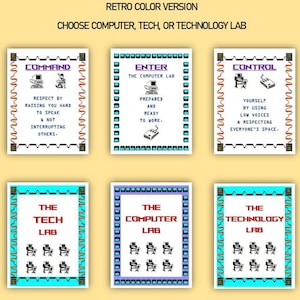 Op de afbeelding: Een set van negen printbare posters getiteld Computer Lab Rules in een retro kleurversie. Elke poster bevat gepixelde computerpictogrammen, randen en tekstinstructies zoals Command, Enter, Control, Return, Delete en Shift voor een lab.