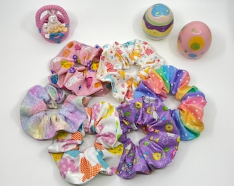 Easter Cotton Scrunchies, Bunny and Chick Prints, Easter basket stuffers, Elastic Ponytail holder, Hair accessories for girls