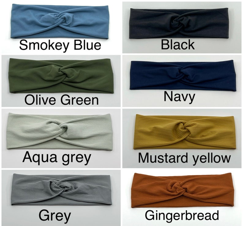 8 solid color twist headbands for women are shown in various colors. Headbands for nurse with buttons for mask. Yoga headbands, soft stretchy fabric headbands. Healthcare worker headbands