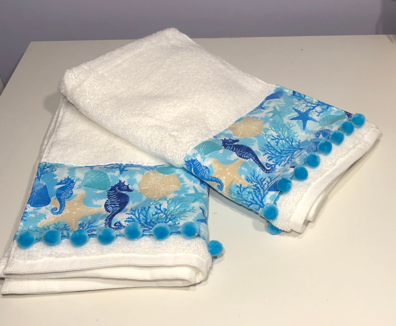 Beach Theme Decorative Hand Towels With Seahorses and Pom Etsy