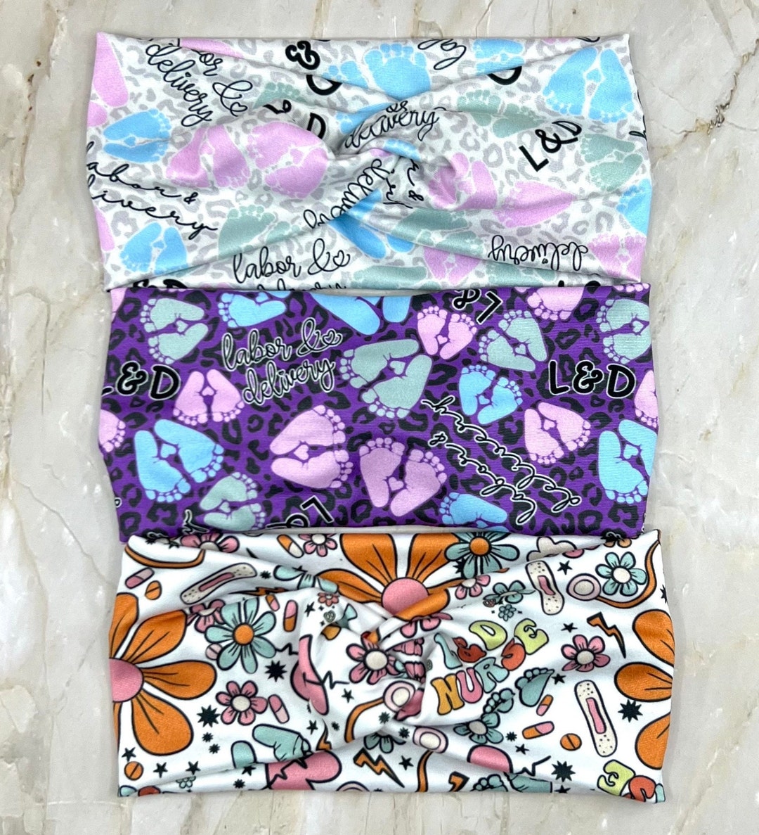 Labor and Delivery Headbands, Twist Headband With Buttons, Baby Feet ...