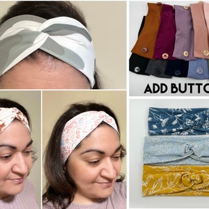 A woman is wearing a simple twist headband in 3 different colors: camouflage, and 2 florals. Second picture shows solid color headbands with buttons. 3 floral headbands are displayed in 3rd picture. Nursing headbands with buttons for mask.