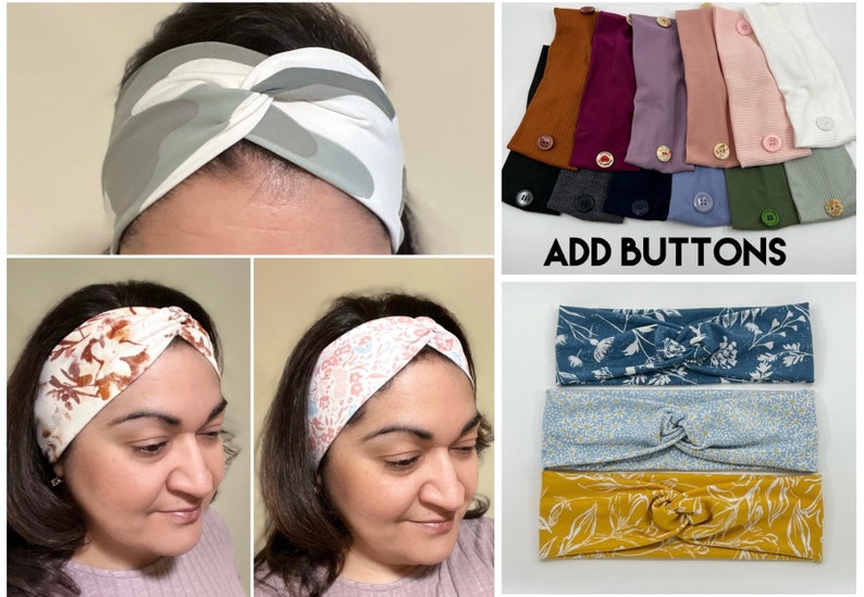 A woman is wearing a simple twist headband in 3 different colors: camouflage, and 2 florals. Second picture shows solid color headbands with buttons. 3 floral headbands are displayed in 3rd picture. Nursing headbands with buttons for mask.