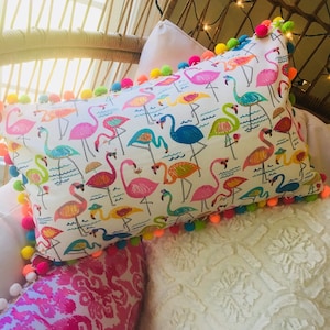 Flamingo pillow cover, Tropical Sunroom decor, Decorative throw pillow for couch, Multicolor Pom Pom trim, Pillow sham