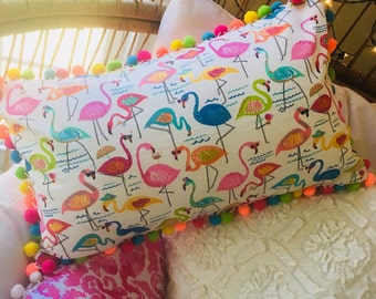 Flamingo pillow cover, Tropical Sunroom decor, Decorative throw pillow for couch, Multicolor Pom Pom trim, Pillow sham