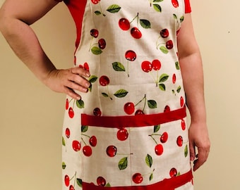 Woman’s apron with pocket, Cherry apron, Adjustable neck, Cooking apron, Birthday gift for mom, Gift idea for grandma, Baking gifts for mom