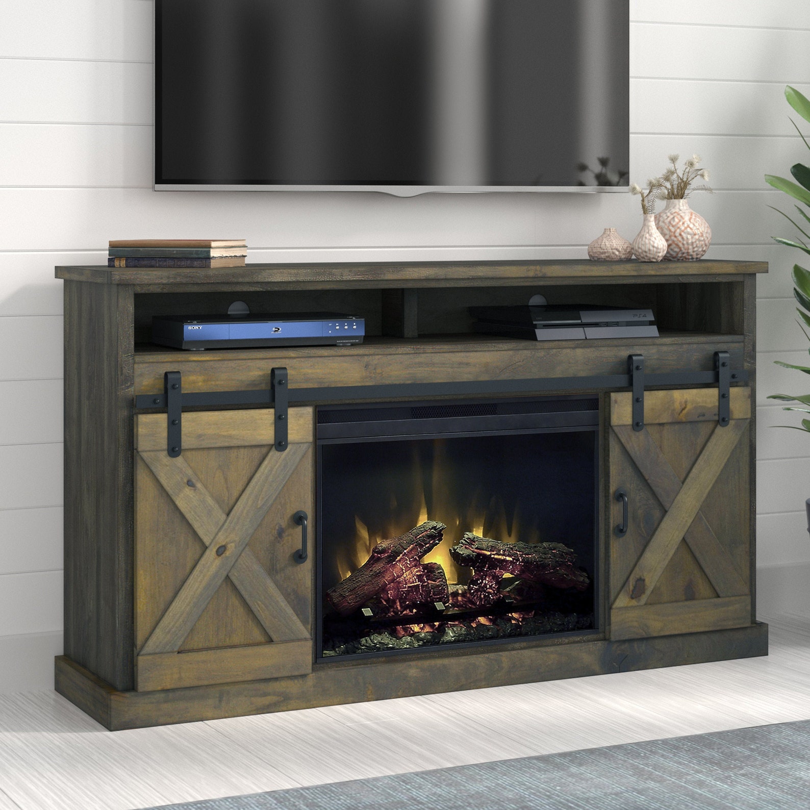 Solid Wood Farmhouse TV Stand con chimenea eléctrica granero | Etsy