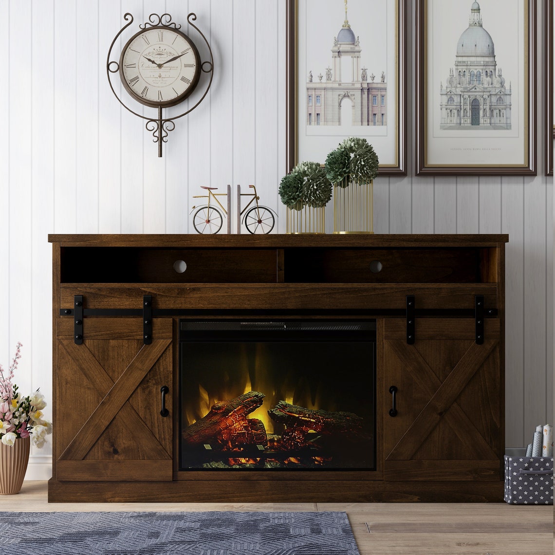 Farmhouse TV Stand with Electric Fireplace Etsy
