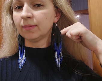 Blue silver very long earrings  Extra-long earrings