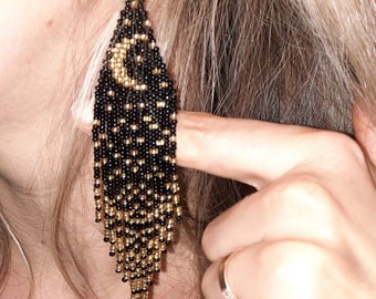 Black gold seed bead earrings Stars  moon earrings Fringe earrings