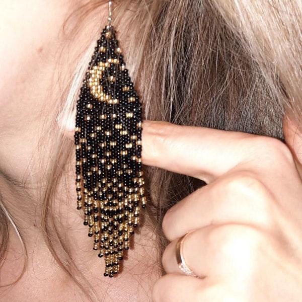 Black gold seed bead earrings Stars  moon earrings Fringe earrings