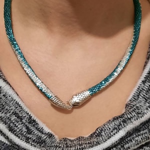 Snake necklace. Turguoise silver snake bracelet. Seed bead green necklace snake. Ouroboros.  Snake choker.Handmade choker, bracelet snake