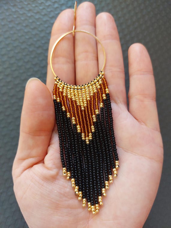 Bead Tassel Black Gold Big Earrings Crochet Chandelier Fringe