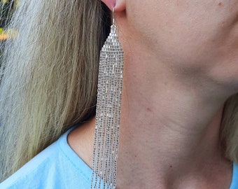 Silver extra long wedding bead earrings Very long fringe earrings Long tassel earrings