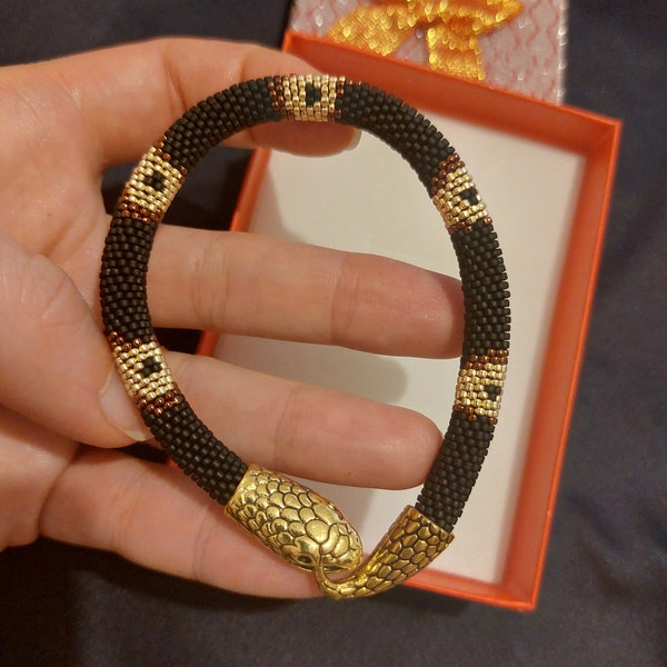 Bracelet perle de graines en or noir, collier serpent. Couleuvre ouroboros en or noir. Bracelet d’écharpe de serpent pour femmes pour hommes. Collier serpent .