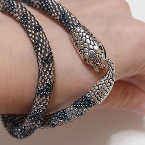 Ouroboros gray  snake bracelet for men women Silver snake necklace  Bead crochet handwoven ouroboros Snake choker necklace Unisex jewelry