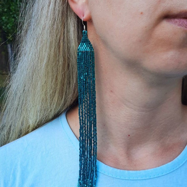 Turquoise extra long boho dangling chic beaded earrings. Shoulder duster earrings. Very long fringe earrings.