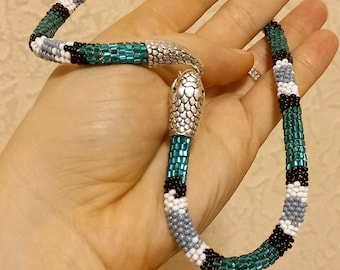 Turguoise white seed beaded snake necklace Emerald Snake choker necklace Handmade choker Bracelet snake