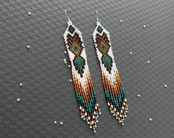 Long white emerald beaded earrings  Fringe handmade earrings Boho earrings
