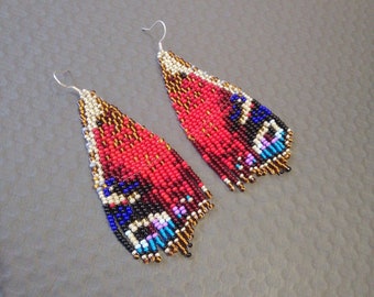 Red butterfly wings boho beaded earrings  Bead fringe earrings Beadwork earrings  Fairy wings Animal print Boho Chic