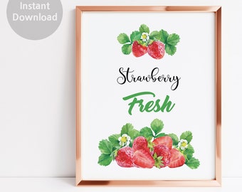Strawberry Wall Art, Hello Spring Printable, Watercolor Strawberry, Kitchen Wall Decor, Berry Sweet Print, Spring Home Decor,Spring Wall Art