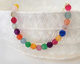 Rainbow Agate Beaded Anklet, Gold Plated Chain, Adjustable Summer Bracelet