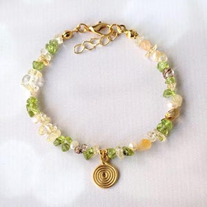 Citrine and Peridot Bracelet, Natural Gemstones with Gold Spiral Charm, Abundance and Prosperity Bracelet, Citrine Wealth Bracelet
