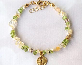 Citrine Peridot Bracelet, Natural Gemstone with Gold Plated Spiral Charm