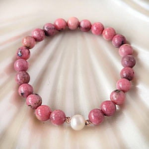 Rhodochrosite and Pearl Bracelet, Emotional Healing, Love Stone, Pink Crystal Jewelry, Stretch Bracelet, Gift for Her
