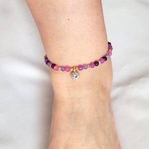 Purple Lilac Agate Anklet, Crystal Charm Anklet, Adjustable Beaded Anklet, Gold Ankle Bracelet, Gift For Her
