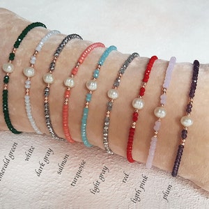 Crystal beaded bracelet, rose gold bracelet, freshwater pearl bracelet, minimal bracelet, christmas gift, delicate bracelet